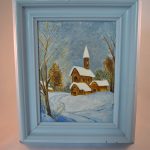 Schilderij in houten lijst, kerk in winterlandschap