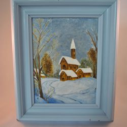 Schilderij in houten lijst, kerk in winterlandschap