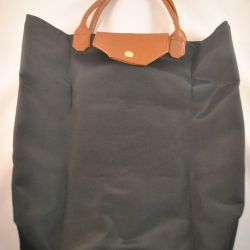 Boodschappentas, synthetisch, zwart m. bruin leren hengsel