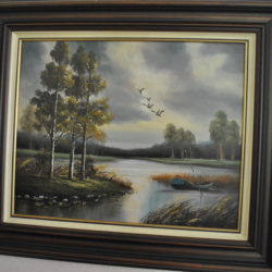 Schilderij: water met roeiboot en eenden