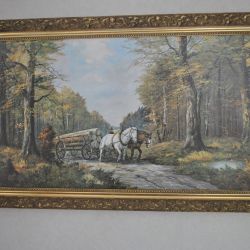 Schilderij: bosgezicht met houttransport, gesign.
