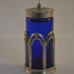 Zoutstrooier, blauw glas/metaal