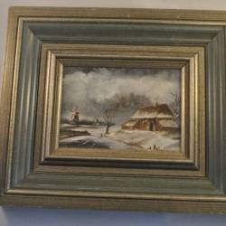 Winterlandschap, schilderijtje in houten lijst