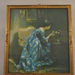 Dame in Blau, afbeelding van V. Schramm, in houten lijstje 22,5 x 24,5 cm