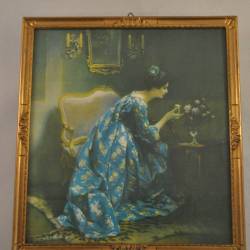 Dame in Blau, afbeelding van V. Schramm, in houten lijstje 22,5 x 24,5 cm