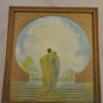 Afbeelding van romantisch paar, op de rug gezien, starend naar dansende figuren