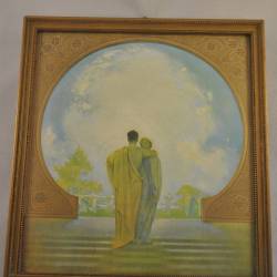 Afbeelding van romantisch paar, op de rug gezien, starend naar dansende figuren